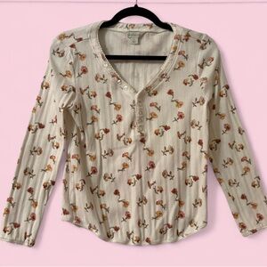 Sundance Neutral Floral Button Front Ribbed Henley Top – Size Small